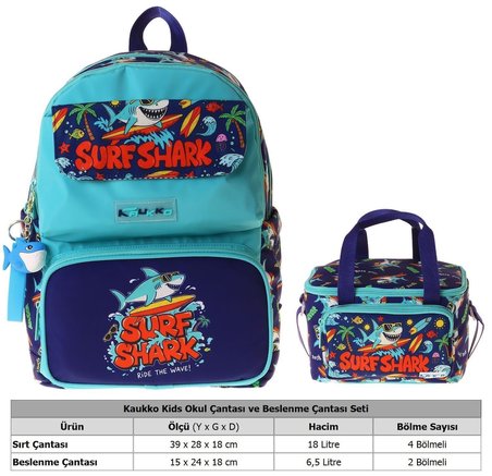 Kaukko Kids Surf Erkek Çocuk Yeşil - Lacivert İlkokul Sırt Çantası ve Beslenme Çanta Seti - SETKK-L5354B
