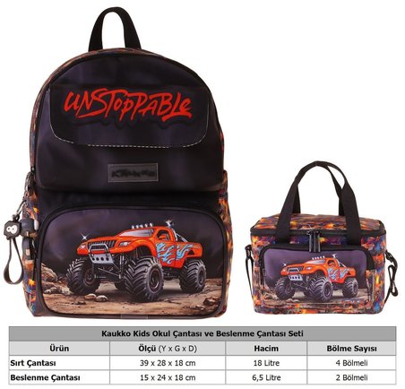 Kaukko Kids Soil Truck Erkek Çocuk Siyah - Kırmızı İlkokul Sırt Çantası ve Beslenme Çanta Seti - SETKK-L5359B