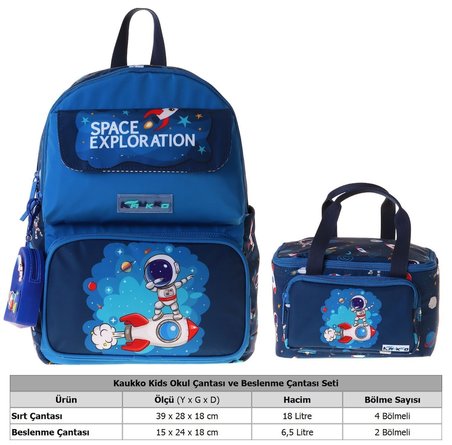 Kaukko Kids Space Erkek Çocuk Lacivert İlkokul Sırt Çantası ve Beslenme Çanta Seti - SETKK-L5364B