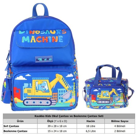 Kaukko Kids Mechanic Erkek Çocuk Mavi - Sarı İlkokul Sırt Çantası ve Beslenme Çanta Seti - SETKK-L5369B