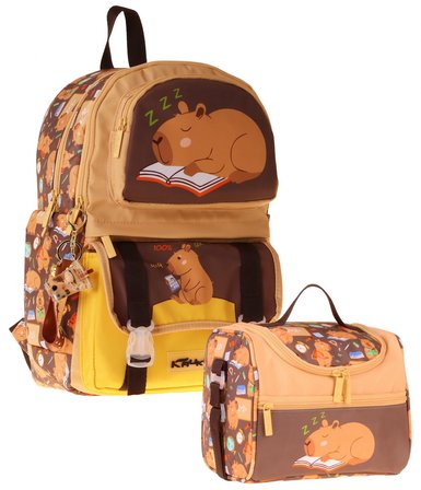 Kaukko Kids Clever Erkek Çocuk Kahverengi İlkokul Sırt Çantası ve Beslenme Çanta Seti - SETKK-L5384B