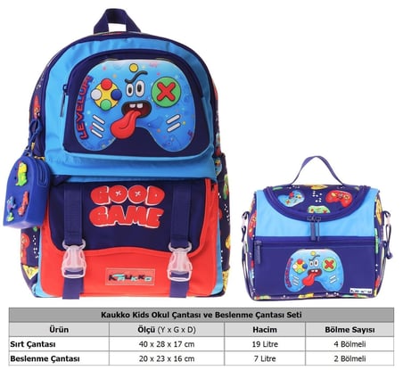 Kaukko Kids Good Game Erkek Çocuk Lacivert - Kırmızı İlkokul Sırt Çantası ve Beslenme Çanta Seti - SETKK-L5389B