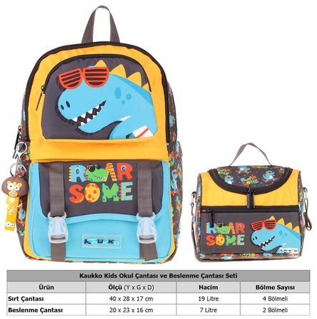 Kaukko Kids Roar Erkek Çocuk Sarı - Mavi İlkokul Sırt Çantası ve Beslenme Çanta Seti - SETKK-L5394B
