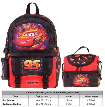 Kaukko Kids Rust Eze Erkek Çocuk Kırmızı - Siyah İlkokul Sırt Çantası ve Beslenme Çanta Seti - SETKK-L5399B