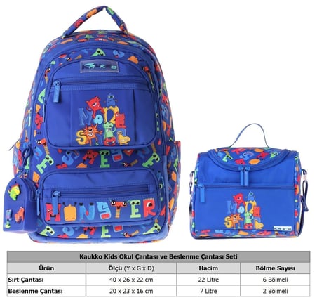 Kaukko Kids Monster Erkek Çocuk Mavi İlkokul Sırt Çantası ve Beslenme Çanta Seti - SETKK-L5404B