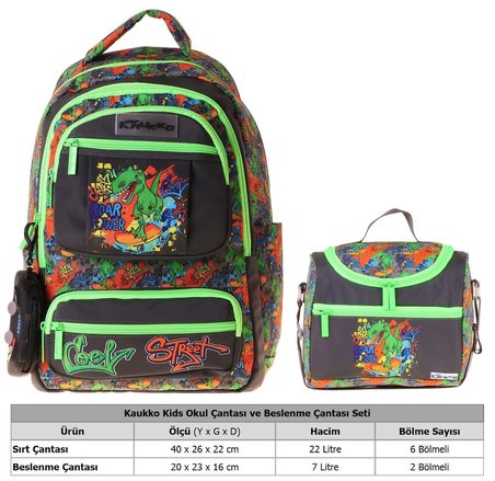 Kaukko Kids Street Erkek Çocuk Siyah - Yeşil İlkokul Sırt Çantası ve Beslenme Çanta Seti - SETKK-L5414B