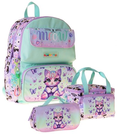 Kaukko Kids Meow(Yeşil - Mor Renk) Kız Çocuk Üçlü İlkokul Okul Çantası Seti/Takımı - SETKK-L5288A