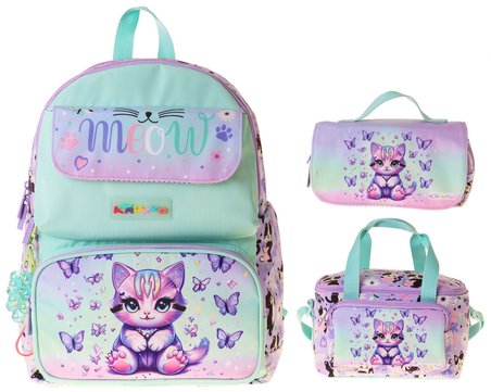 Kaukko Kids Meow(Yeşil - Mor Renk) Kız Çocuk Üçlü İlkokul Okul Çantası Seti/Takımı - SETKK-L5288A