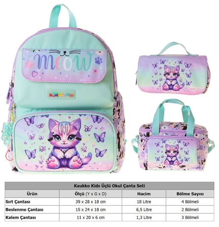 Kaukko Kids Meow(Yeşil - Mor Renk) Kız Çocuk Üçlü İlkokul Okul Çantası Seti/Takımı - SETKK-L5288A