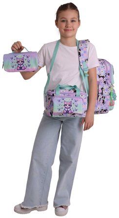 Kaukko Kids Meow(Yeşil - Mor Renk) Kız Çocuk Üçlü İlkokul Okul Çantası Seti/Takımı - SETKK-L5288A