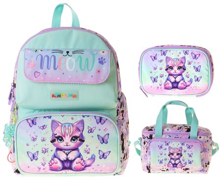 Kaukko Kids Meow(Yeşil - Mor Renk) Kız Çocuk Üçlü İlkokul Okul Çantası Seti/Takımı - SETKK-L5288D