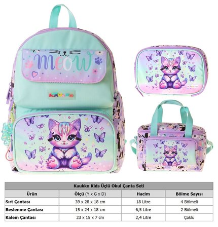 Kaukko Kids Meow(Yeşil - Mor Renk) Kız Çocuk Üçlü İlkokul Okul Çantası Seti/Takımı - SETKK-L5288D