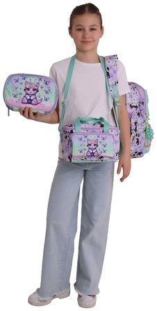 Kaukko Kids Meow(Yeşil - Mor Renk) Kız Çocuk Üçlü İlkokul Okul Çantası Seti/Takımı - SETKK-L5288D