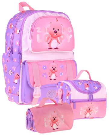Kaukko Kids Loopy(Lila - Pembe Renk) Kız Çocuk Üçlü İlkokul Okul Çantası Seti/Takımı - SETKK-L5303A