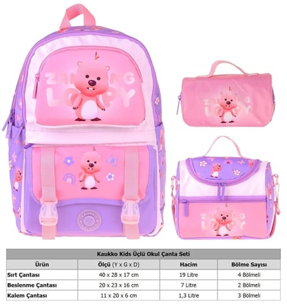 Kaukko Kids Loopy(Lila - Pembe Renk) Kız Çocuk Üçlü İlkokul Okul Çantası Seti/Takımı - SETKK-L5303A