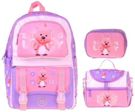 Kaukko Kids Loopy(Lila - Pembe Renk) Kız Çocuk Üçlü İlkokul Okul Çantası Seti/Takımı - SETKK-L5303D