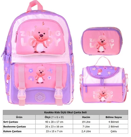 Kaukko Kids Loopy(Lila - Pembe Renk) Kız Çocuk Üçlü İlkokul Okul Çantası Seti/Takımı - SETKK-L5303D
