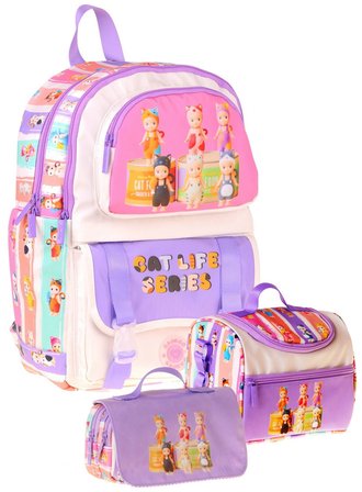 Kaukko Kids Cat Life(Mor - Krem Renk) Kız Çocuk Üçlü İlkokul Okul Çantası Seti/Takımı - SETKK-L5313A