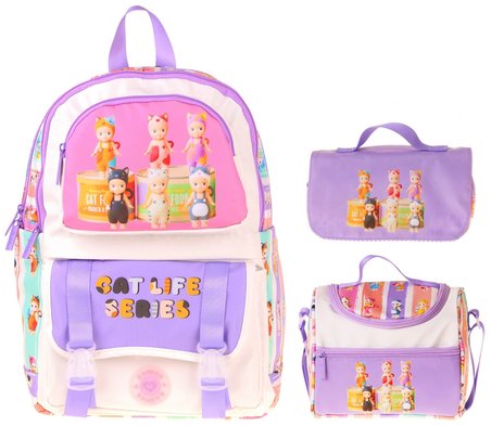 Kaukko Kids Cat Life(Mor - Krem Renk) Kız Çocuk Üçlü İlkokul Okul Çantası Seti/Takımı - SETKK-L5313A