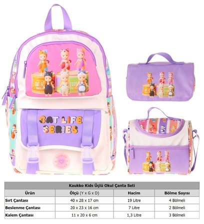 Kaukko Kids Cat Life(Mor - Krem Renk) Kız Çocuk Üçlü İlkokul Okul Çantası Seti/Takımı - SETKK-L5313A
