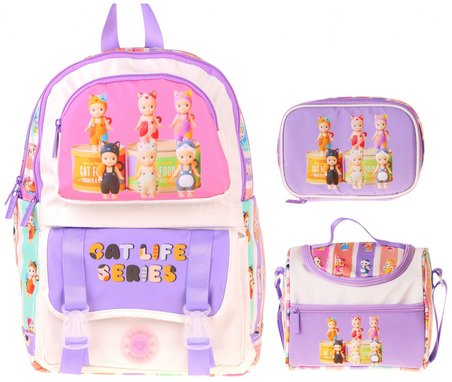 Kaukko Kids Cat Life(Mor - Krem Renk) Kız Çocuk Üçlü İlkokul Okul Çantası Seti/Takımı - SETKK-L5313D