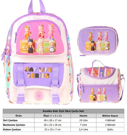Kaukko Kids Cat Life(Mor - Krem Renk) Kız Çocuk Üçlü İlkokul Okul Çantası Seti/Takımı - SETKK-L5313D