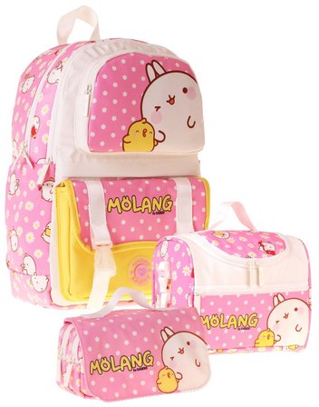 Kaukko Kids Molang(Pembe - Sarı Renk) Kız Çocuk Üçlü İlkokul Okul Çantası Seti/Takımı - SETKK-L5318A