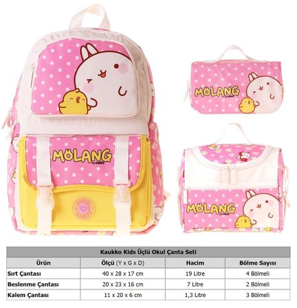 Kaukko Kids Molang(Pembe - Sarı Renk) Kız Çocuk Üçlü İlkokul Okul Çantası Seti/Takımı - SETKK-L5318A
