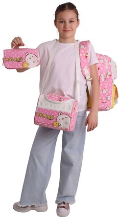 Kaukko Kids Molang(Pembe - Sarı Renk) Kız Çocuk Üçlü İlkokul Okul Çantası Seti/Takımı - SETKK-L5318A