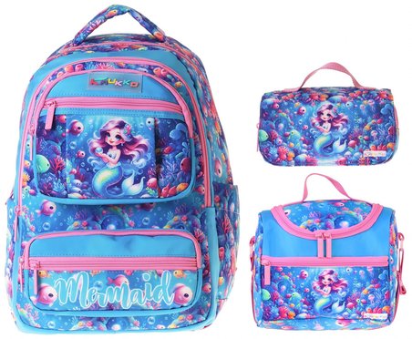 Kaukko Kids Coral(Pembe - Mavi Renk) Kız Çocuk Üçlü İlkokul Okul Çantası Seti/Takımı - SETKK-L5323A