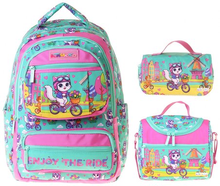 Kaukko Kids Cat Bike(Yeşil - Pembe Renk) Kız Çocuk Üçlü İlkokul Okul Çantası Seti/Takımı - SETKK-L5328A