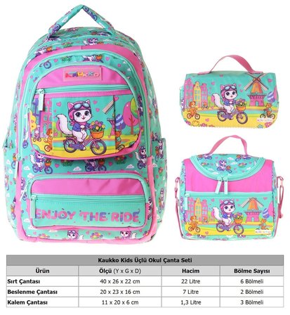 Kaukko Kids Cat Bike(Yeşil - Pembe Renk) Kız Çocuk Üçlü İlkokul Okul Çantası Seti/Takımı - SETKK-L5328A
