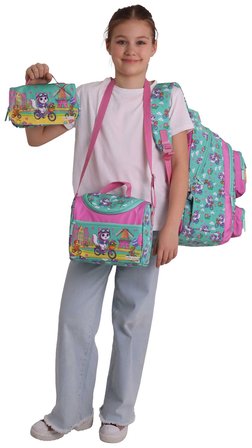 Kaukko Kids Cat Bike(Yeşil - Pembe Renk) Kız Çocuk Üçlü İlkokul Okul Çantası Seti/Takımı - SETKK-L5328A