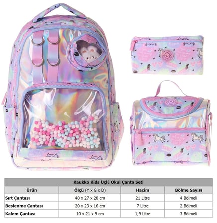 Kaukko Kids Dream(Çok Renkli Renk) Kız Çocuk Üçlü İlkokul Okul Çantası Seti/Takımı - SETKK-L5343A