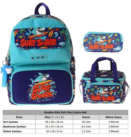 Kaukko Kids Surf(Yeşil - Lacivert Renk) Erkek Çocuk Üçlü İlkokul Okul Çantası Seti/Takımı - SETKK-L5354A