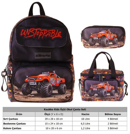 Kaukko Kids Soil Truck(Siyah - Kırmızı Renk) Erkek Çocuk Üçlü İlkokul Okul Çantası Seti/Takımı - SETKK-L5359A