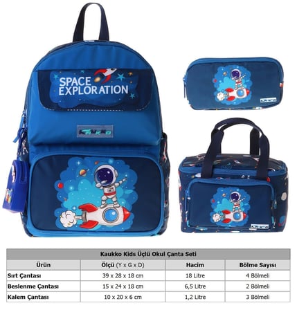 Kaukko Kids Space(Lacivert Renk) Erkek Çocuk Üçlü İlkokul Okul Çantası Seti/Takımı - SETKK-L5364A