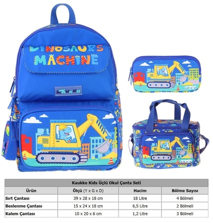 Kaukko Kids Mechanic(Mavi - Sarı Renk) Erkek Çocuk Üçlü İlkokul Okul Çantası Seti/Takımı - SETKK-L5369A