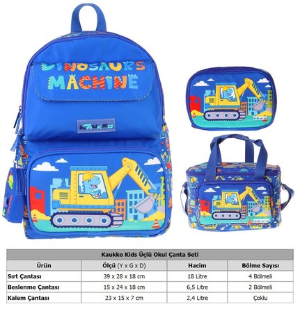 Kaukko Kids Mechanic(Mavi - Sarı Renk) Erkek Çocuk Üçlü İlkokul Okul Çantası Seti/Takımı - SETKK-L5369D