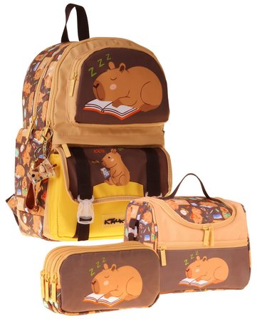 Kaukko Kids Clever(Kahverengi Renk) Erkek Çocuk Üçlü İlkokul Okul Çantası Seti/Takımı - SETKK-L5384A
