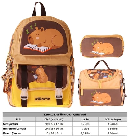 Kaukko Kids Clever(Kahverengi Renk) Erkek Çocuk Üçlü İlkokul Okul Çantası Seti/Takımı - SETKK-L5384A