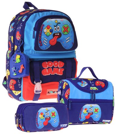 Kaukko Kids Good Game(Lacivert - Kırmızı Renk) Erkek Çocuk Üçlü İlkokul Okul Çantası Seti/Takımı - SETKK-L5389A