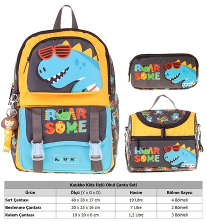 Kaukko Kids Roar(Sarı - Mavi Renk) Erkek Çocuk Üçlü İlkokul Okul Çantası Seti/Takımı - SETKK-L5394A