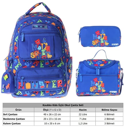 Kaukko Kids Monster(Mavi Renk) Erkek Çocuk Üçlü İlkokul Okul Çantası Seti/Takımı - SETKK-L5404A