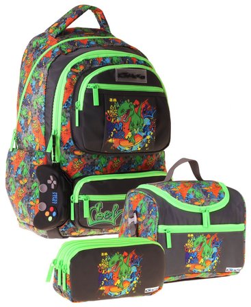 Kaukko Kids Street(Siyah - Yeşil Renk) Erkek Çocuk Üçlü İlkokul Okul Çantası Seti/Takımı - SETKK-L5414A