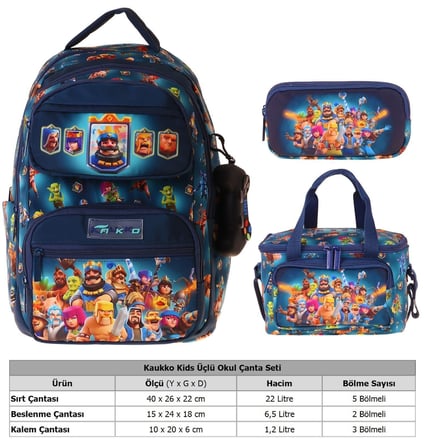 Kaukko Kids Boom(Lacivert Renk) Erkek Çocuk Üçlü İlkokul Okul Çantası Seti/Takımı - SETKK-L5419A