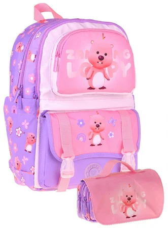 Kaukko Kids Loopy Lila - Pembe Kız Çocuk İlkokul Sırt Çantası ve Kalem Çantası Seti - SETKK-L5303C