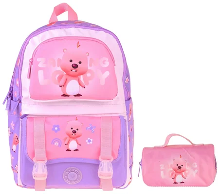 Kaukko Kids Loopy Lila - Pembe Kız Çocuk İlkokul Sırt Çantası ve Kalem Çantası Seti - SETKK-L5303C