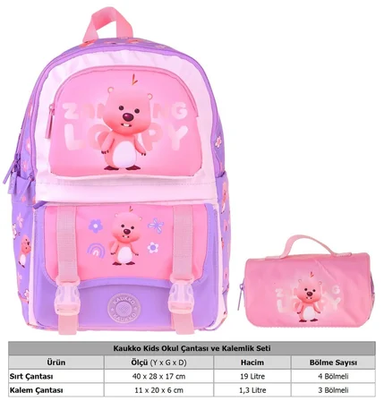 Kaukko Kids Loopy Lila - Pembe Kız Çocuk İlkokul Sırt Çantası ve Kalem Çantası Seti - SETKK-L5303C