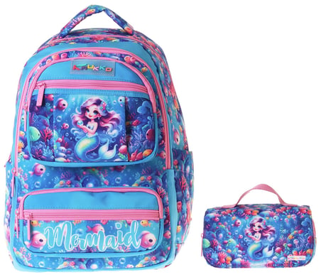 Kaukko Kids Coral Pembe - Mavi Kız Çocuk İlkokul Sırt Çantası ve Kalem Çantası Seti - SETKK-L5323C